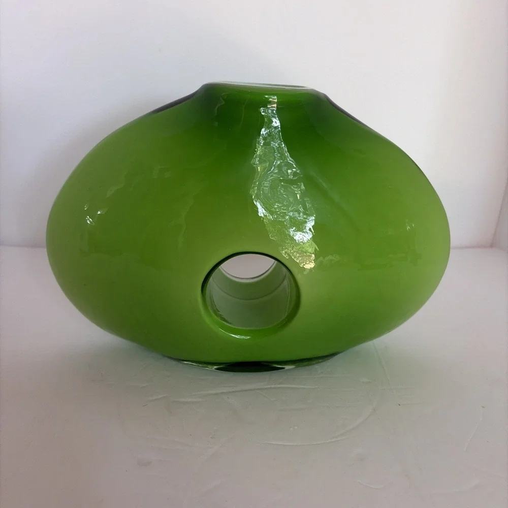 Vintage Green Glass Cased Hand Blown Art Glass Donut Hole Vase MCM Style